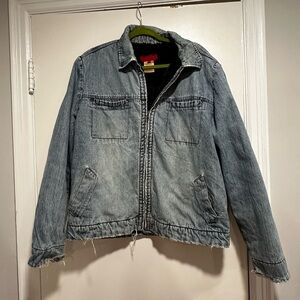 VTG 90s Men’s XL FCUK denim Faux Fur Lined Jacket. Light Wash. Distressed.